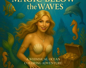 May include: A coloring book cover titled "MAGIC BELOW the WAVES" featuring a smiling mermaid with blonde hair, seashell top, and a pearl necklace. The illustration includes a dolphin, seahorses, fish, and a treasure chest filled with gold coins. Text reads "A WHIMSICAL OCEAN COLORING ADVENTURE".