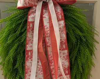 コーラルカラーのシノワズリーリボンセット – リースアクセント用デュピオーニリボン（春夏向け）、取り外し可能なラインストーンブローチ付き。