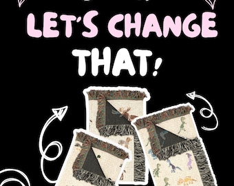 May include: Three woven blankets with fringed edges, featuring a cream-coloured base with various small dinosaur illustrations. The text OOPS, LET'S CHANGE THAT! is displayed in large, white, rounded letters against a solid black background.