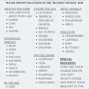 May include: A white informational chart titled ANIMAL OPTIONS listing various categories including AROUND THE FARM, UNDER THE SEA, ARTIC ANIMALS, WOODLAND FRIENDS, TOO CUTE, ON THE SAFARI, BY THE BAY, OTHER, and SPECIAL REQUESTS with bulleted text items.