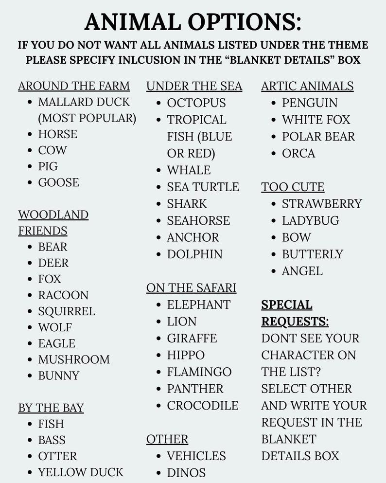 May include: A white informational chart titled ANIMAL OPTIONS listing various categories including AROUND THE FARM, UNDER THE SEA, ARTIC ANIMALS, WOODLAND FRIENDS, TOO CUTE, ON THE SAFARI, BY THE BAY, OTHER, and SPECIAL REQUESTS with bulleted text items.