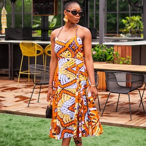 African Print Sundress - Ankara Halter Midi Dress: Sunset Orange