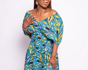 African Print Dress - Ankara V Neck Batwing Sleeve Midi Dress