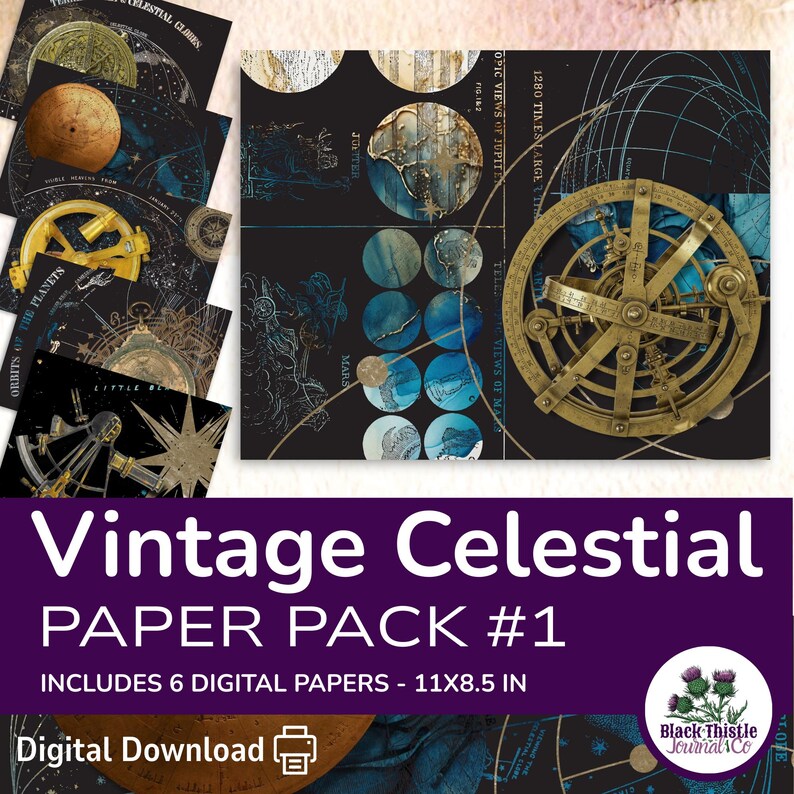 Vintage Celestial Junk Journal Pages, Black Gold Fantasy Digital ...