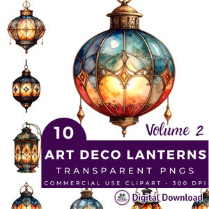 Puede incluir: Ilustraciones en acuarela de faroles Art Déco de varias formas y tamaños. Los faroles presentan diseños tipo vidriera con colores cálidos como naranja, rojo y azul. La imagen incluye el texto "10 ART DECO LANTERNS TRANSPARENT PNGS COMMERCIAL USE CLIPART - 300 DPI Digital Download."