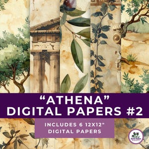 Puede incluir: Una colección de seis papeles digitales con una estética antigua. Los papeles presentan ilustraciones de acuarela de ramas de olivo, arquitectura clásica y texturas envejecidas. El texto "ATHENA" y "DIGITAL PAPERS #2" se muestra en blanco sobre una pancarta morada.