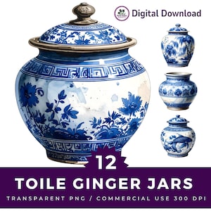 May include: A collection of blue and white toile ginger jars with lids, featuring floral and landscape designs. The image includes the text "Digital Download" and "12 Toile Ginger Jars". The jars are in a watercolor style.