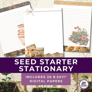 papeterie de jardin vintage | Papier à lettres ligné imprimable | Pages du journal indésirable Seed Starter | Papier botanique | PDF 8,5 x 11, 20 feuilles 26P002