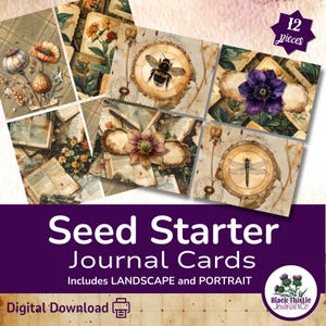 以下が含まれることがあります： ヴィンテージの植物や昆虫のイラストが描かれた、12枚のSeed Starterジャーナルカードのセット。カードには、蜂やトンボなど、さまざまな花や昆虫のデザインが、古紙の背景に描かれています。デジタルダウンロード。