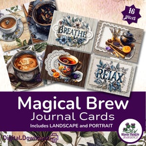 May include: A collection of "Magical Brew Journal Cards" featuring watercolor illustrations of coffee cups, teacups, and floral arrangements. The cards include the words "Breathe" and "Relax" with floral accents. The set includes 16 pieces.