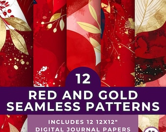 12 Elegant Red and Gold Seamless Patterns | 12x12 Digital Papers |  Floral Pattern | Digital Scrapbooking | Red Floral Gold Accent 25018