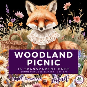 May include: A digital clipart image of a fox with a white lace collar, set in a floral scene with a picnic basket. The image includes the text "WOODLAND PICNIC" on a purple banner, and "Digital Download" below.