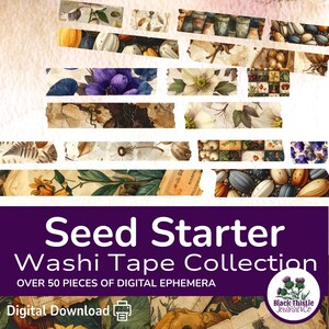 May include: A selection of washi tape strips with floral and vintage patterns. The tape includes illustrations of flowers, leaves, and seeds in various colours. The text "Seed Starter Washi Tape Collection" is displayed on a purple background.