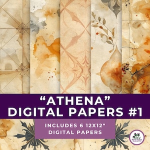 May include: A collection of six 12x12 inch digital papers with a vintage aesthetic. The papers feature watercolor textures in shades of beige, brown, and orange, with decorative patterns and floral elements. The text reads "ATHENA" DIGITAL PAPERS #1.