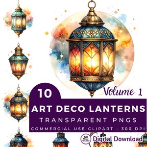 Puede incluir: Ilustraciones en acuarela de faroles Art Déco en varios colores, incluyendo azul, dorado y rojo. La imagen incluye el texto "10 ART DECO LANTERNS TRANSPARENT PNGS Volume 1 Digital Download". Los faroles son detallados y aptos para uso comercial.