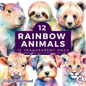 May include: A digital download graphic featuring watercolor illustrations of six rainbow-colored animals: a capybara, sloth, bear, cow, dog, and lion. The image includes text that reads "12 RAINBOW ANIMALS" and "Digital Download."
