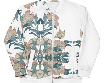 Japanese Floral Bomber Jacket, Botanical Art, Unisex Lightweight Outerwear