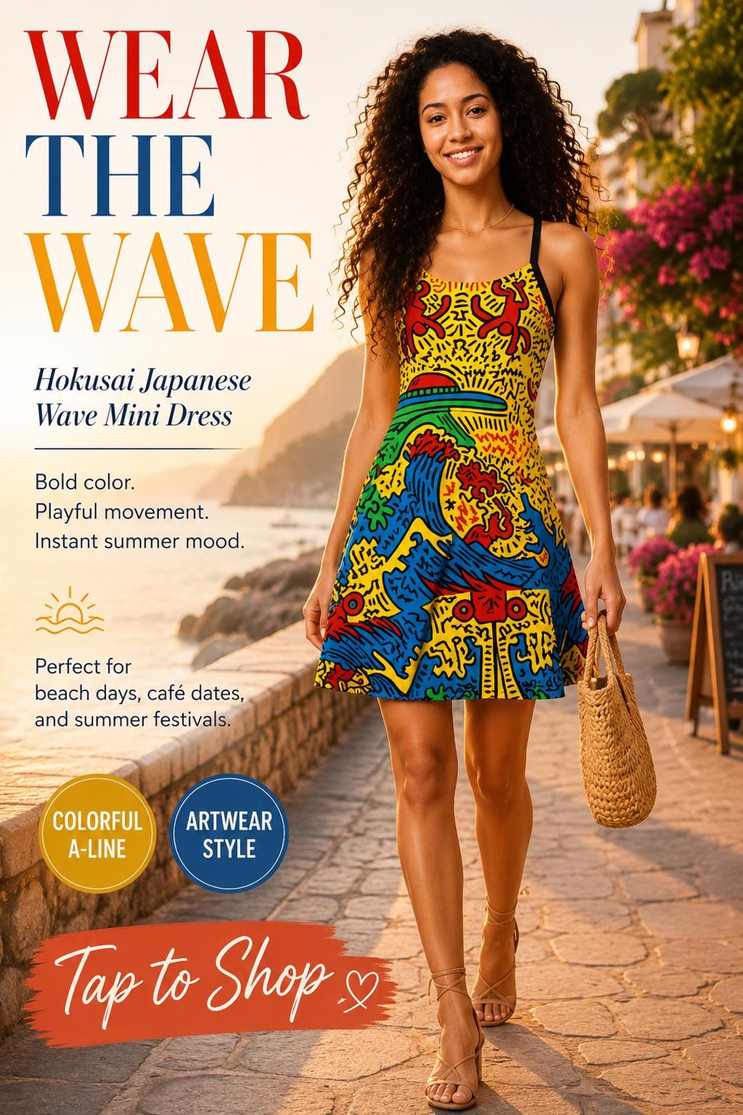 japanese a line dress Hokusai Wave Mini Dress, Colorful A-Line, Summer Festival Gift Women Inspired by Princess modern Primary colour:Purple collar blouse and a