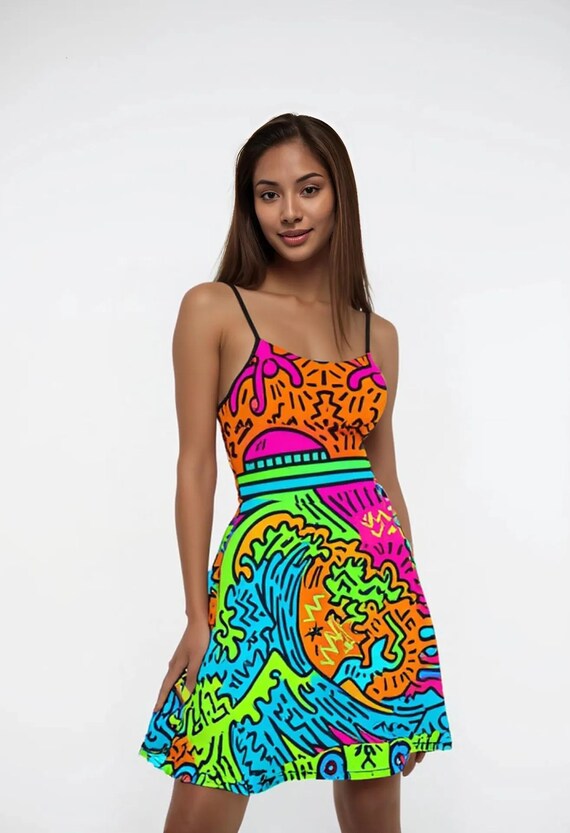 Neon Pop Art Spaghetti Strap Dress, A-Line Summer Festival Outfit