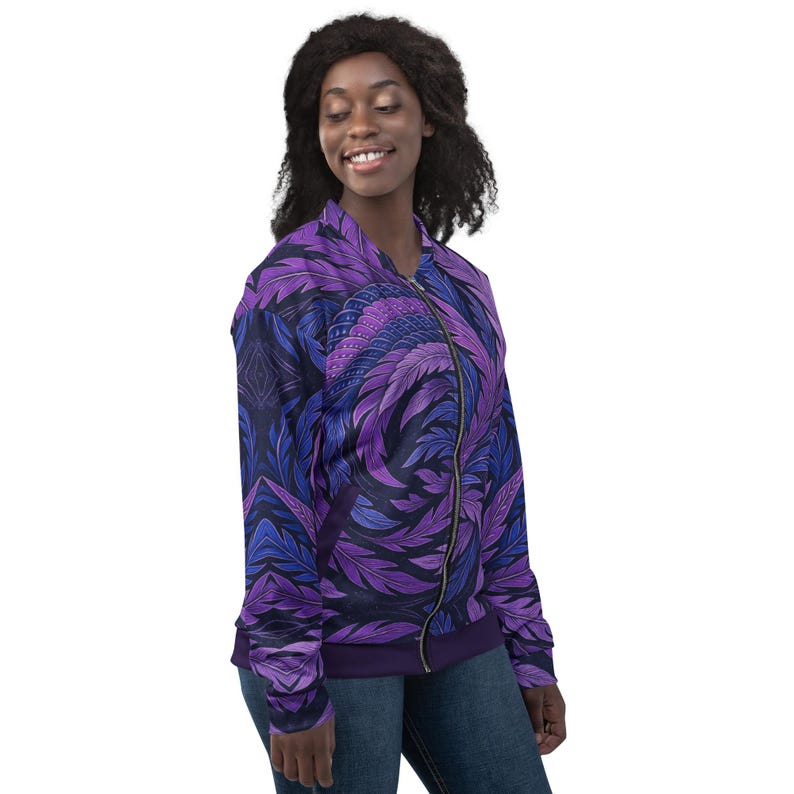 Hokusai Phoenix Unisex Bomber Jacket | Purple & Indigo Wings