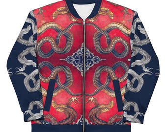 Japanese Dragon Bomber Jacket, Red Asian Art Streetwear, Unisex Statement Clothing