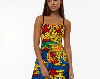 Hokusai Keith Haring Inspired Pop Art Mini Dress, Yellow Festival Outfit