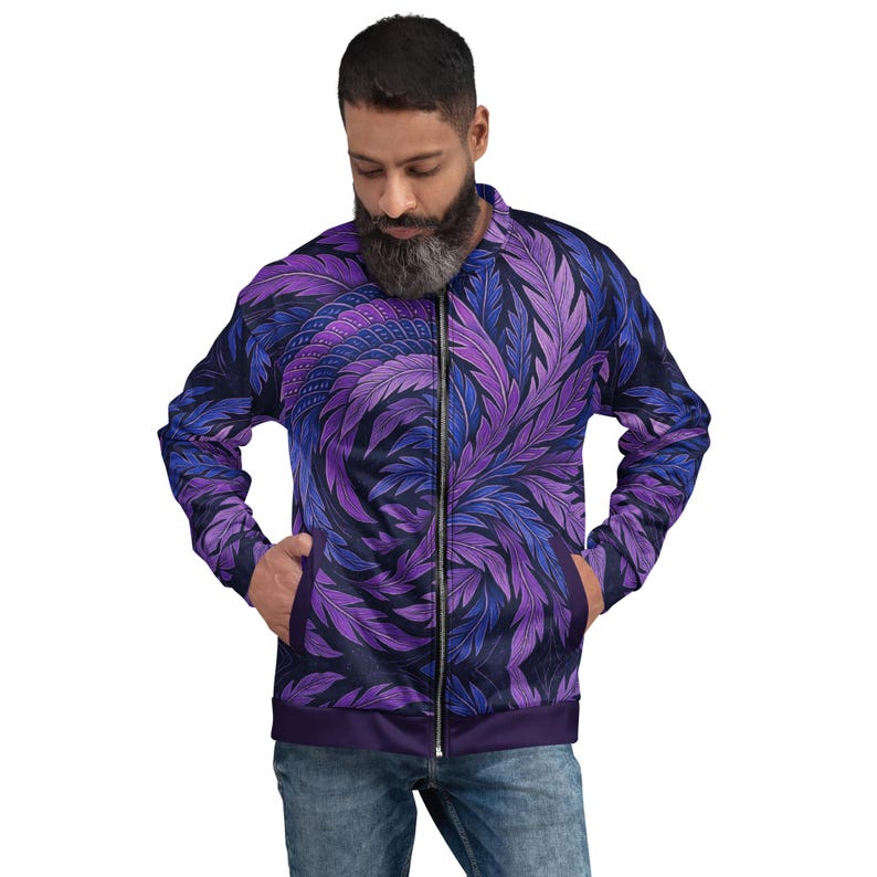 Hokusai Phoenix Unisex Bomber Jacket | Purple & Indigo Wings