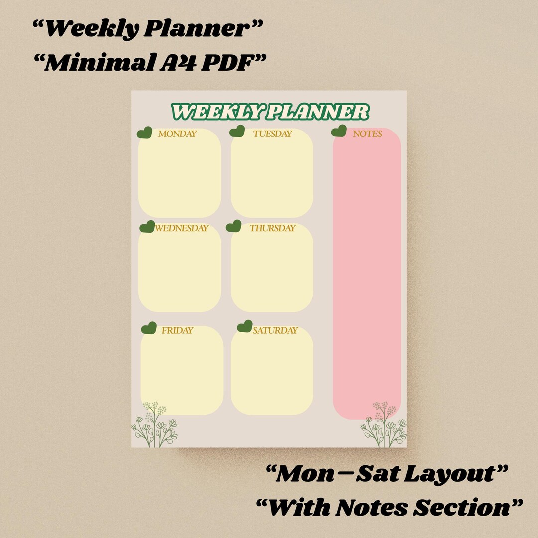Weekly Planner Printable | Minimal A4 PDF | Monday–saturday Layout ...
