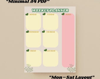 Weekly Planner Printable | Minimal A4 PDF | Monday–Saturday Layout + Notes | Instant Download