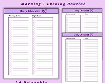 Op de afbeelding: Een afdrukbare A4 dagelijkse checklist met ochtend- en avondroutine secties. Het ontwerp heeft een paarse kop met de tekst "Daily Checklist" en een vinkje. De checklist bevat ruimte voor notities.