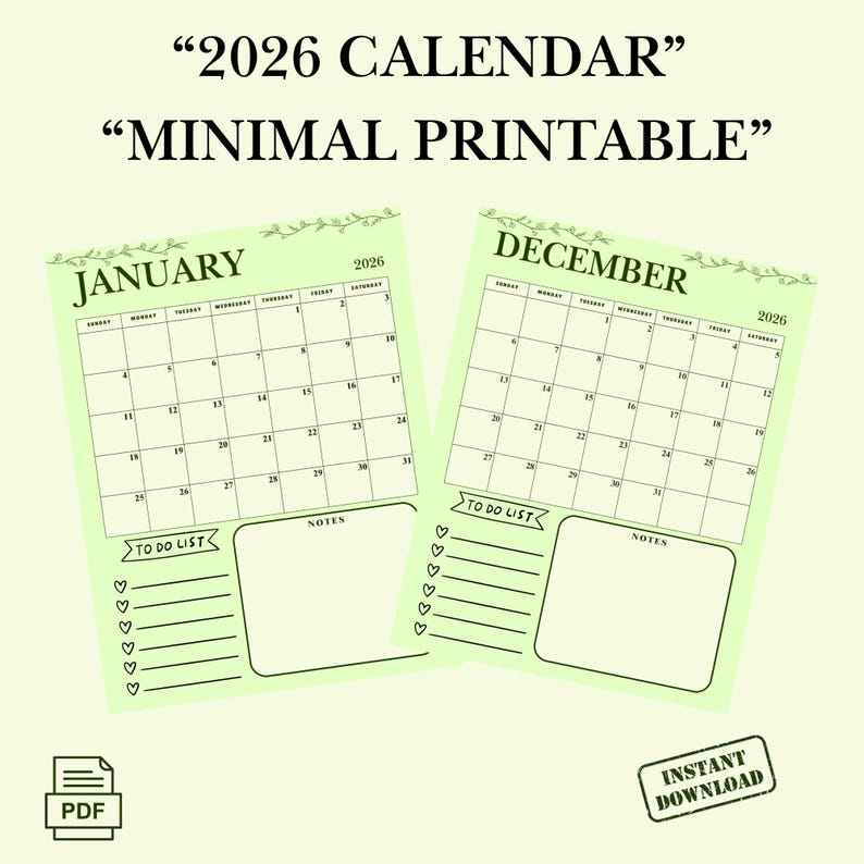 2026 Monatskalender zum Ausdrucken | Minimalistisches A4 PDF