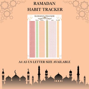 Puede incluir: Un rastreador de hábitos del Ramadán con un fondo melocotón claro. El rastreador incluye columnas para hábitos diarios como Sahoor, Tilawat, Iftar, Salat y Tarawih. El texto "Ramadan Habit Tracker" está en la parte superior. Disponible en tamaños A4, A5 y US Letter.