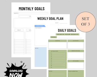 Goal Planner Bundle | Daily, Weekly, Monthly Goal Setting Worksheets (Digital Download)