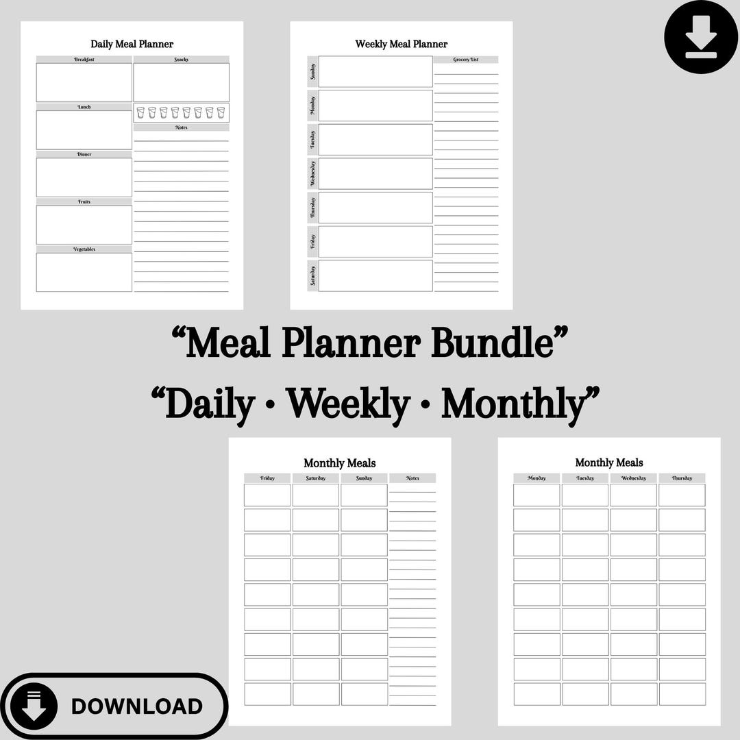 Meal Planner Printable Bundle | Daily Weekly Monthly Meal Planner ...