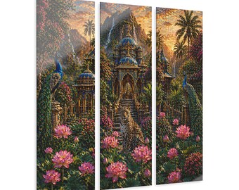 Enchanted Temple Garden Triptych acrylic prints | Peacock, lotus, tropical landscape