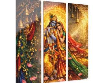 Radha Krishna Illustration Acrylic Triptych Prints | Hindu Devotional Wall Art