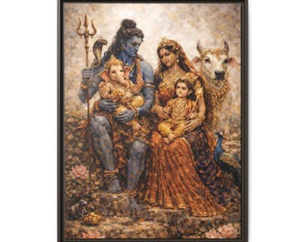 Shiva Parvati Family Portrait Canvas Framed Wall Art | Matte Multi-Color