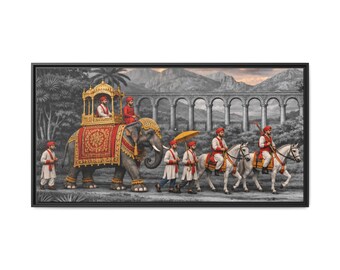 Royal Elephant Procession Matte Canvas Framed | Indian Palace Art