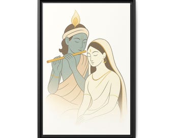 Radha Krishna Illustration Matte Canvas Framed | Hindu Devotional Wall Art| 16"X24"