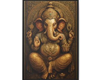 Ganesha Painting Matte Canvas Framed | Hindu Elephant Deity Wall Art| 24"X36"