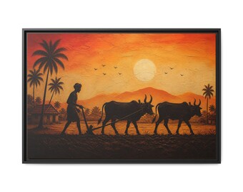 Sunset Plow Silhouette Matte Canvas Framed | Rustic Farm Wall Art