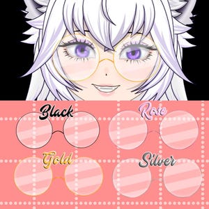 Op de afbeelding: Een anime-stijl illustratie toont een personage met wit haar, paarse ogen en een goudkleurige bril. Hieronder worden vier paar ronde brillen weergegeven, met de labels "Black", "Rose", "Gold" en "Silver".