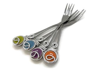 Handcrafted Oyster Fork Set: Wire Wrapped Mosaic Tile Appetizer Forks