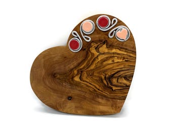 Olive Wood Heart Cheese Board with Mosaic Accents