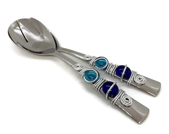 Handcrafted Salad Serving Set with Wire Wrapping and Cabochon Marbles, Hostess Gift, Fork and Spoon Servers