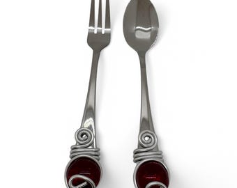 Wire Wrapped Appetizer Fork and Spoon Set: Beaded Stainless Steel Utensils