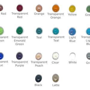 May include: A chart of 16 different colored glass beads. The beads are arranged in four rows of four. The colors include brick red, transparent red, orange, transparent orange, yellow, green, transparent green, transparent emerald green, teal, transparent teal, light blue, transparent light blue, transparent blue, transparent purple, transparent peach, clear, white, gray, black, and latte.