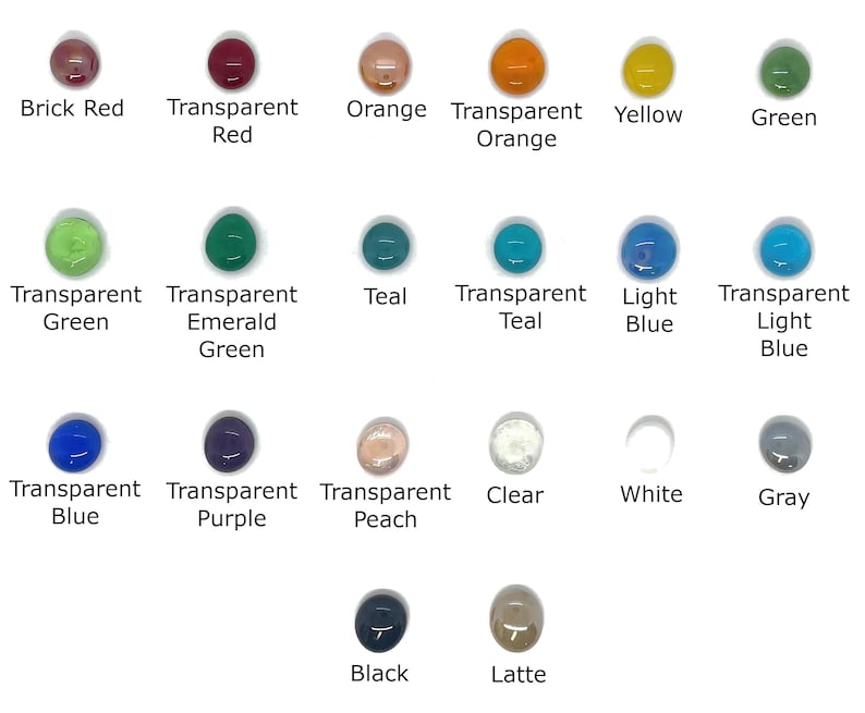 May include: A chart of 16 different colored glass beads. The beads are arranged in four rows of four. The colors include brick red, transparent red, orange, transparent orange, yellow, green, transparent green, transparent emerald green, teal, transparent teal, light blue, transparent light blue, transparent blue, transparent purple, transparent peach, clear, white, gray, black, and latte.