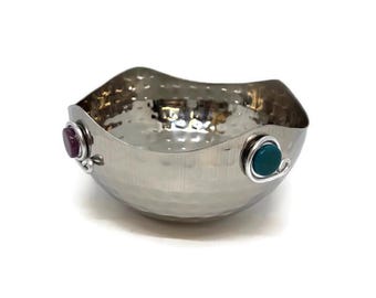 Stainless Steel Hammered Decorative Bowl Small with Mosaic Tiles