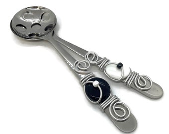 Beaded Salad Server Set: Wire Wrapped Stainless Steel Spoons